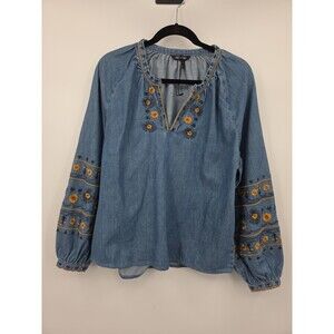 Driftwood Chambray Embroidered Boho Shirt Sz S Bohemian Indie